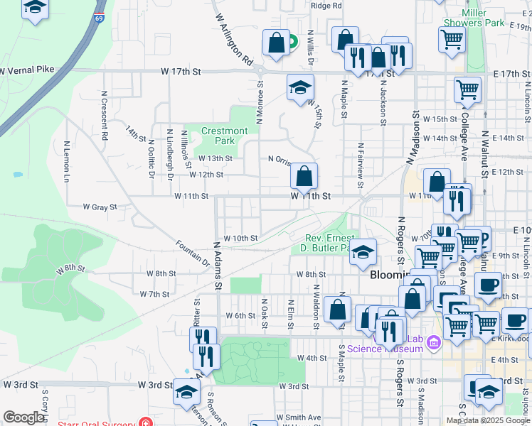 map of restaurants, bars, coffee shops, grocery stores, and more near 628 North Monroe Street in Bloomington