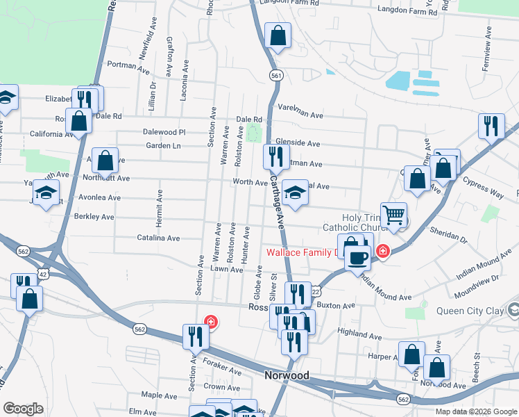 map of restaurants, bars, coffee shops, grocery stores, and more near 5319 Globe Avenue in Cincinnati