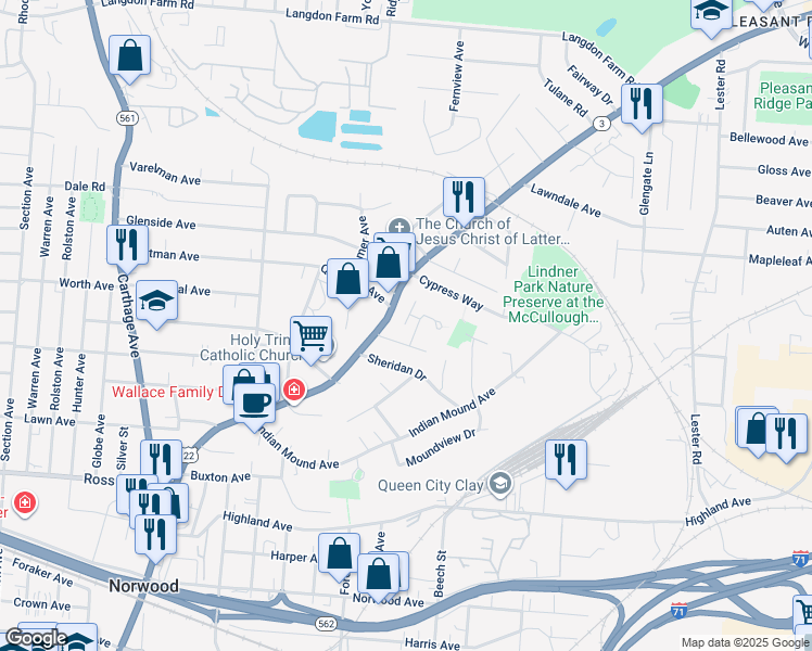 map of restaurants, bars, coffee shops, grocery stores, and more near 5437 Pigtail Alley in Norwood