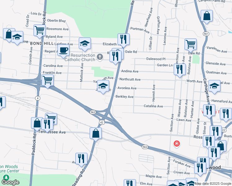 map of restaurants, bars, coffee shops, grocery stores, and more near 4770 Reading Road in Cincinnati