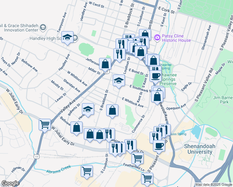 map of restaurants, bars, coffee shops, grocery stores, and more near 1321 South Loudoun Street in Winchester