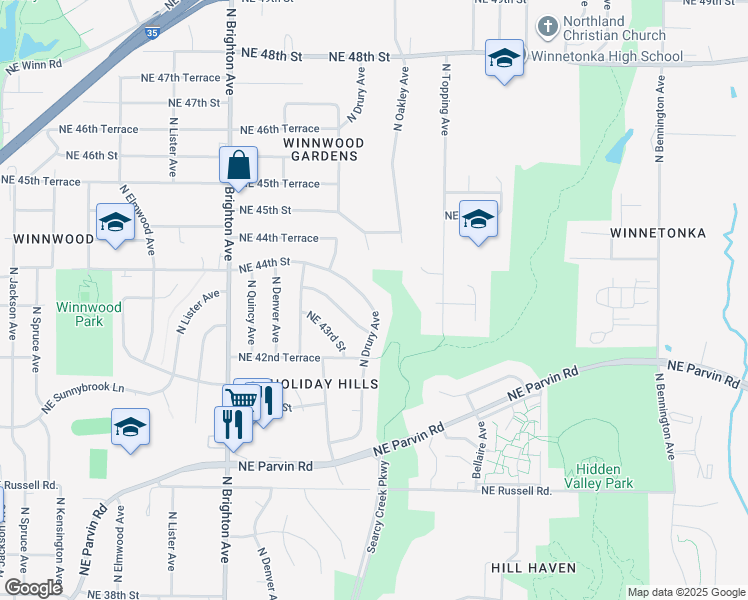 map of restaurants, bars, coffee shops, grocery stores, and more near 4337 North Drury Avenue in Kansas City