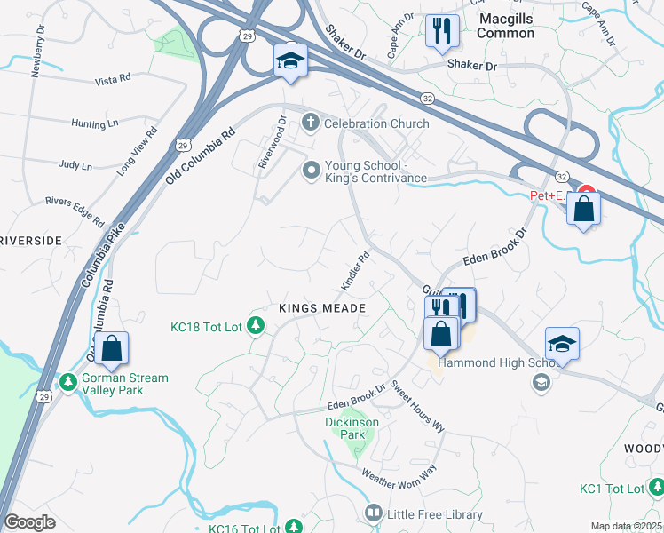 map of restaurants, bars, coffee shops, grocery stores, and more near 8447 King's Meade Way in Columbia
