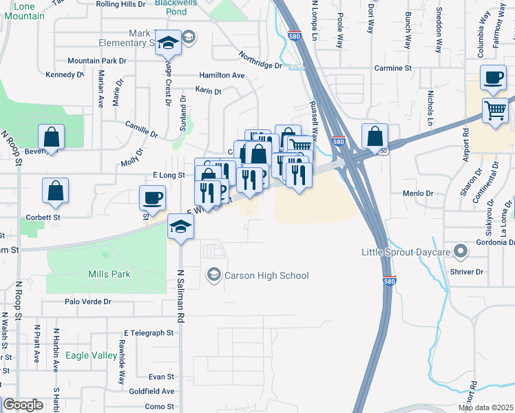 map of restaurants, bars, coffee shops, grocery stores, and more near 1991 East William Street in Carson City