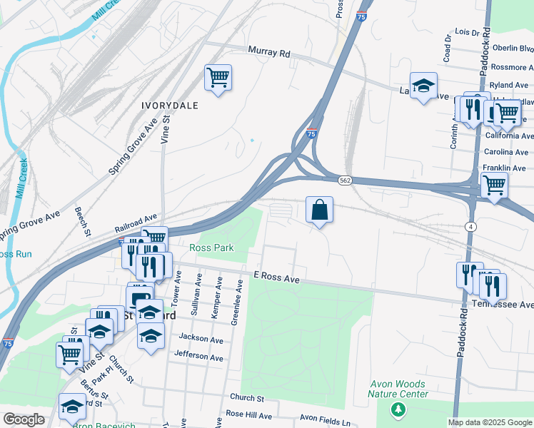 map of restaurants, bars, coffee shops, grocery stores, and more near 5183 Broerman Avenue in Saint Bernard