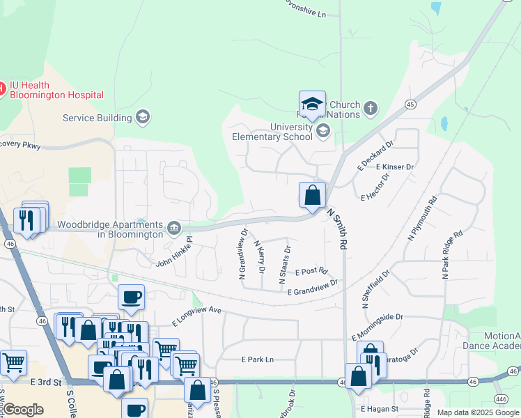 map of restaurants, bars, coffee shops, grocery stores, and more near 3841 East Barrington Drive in Bloomington