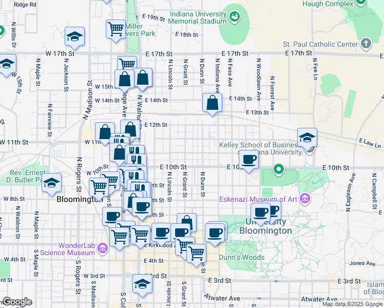map of restaurants, bars, coffee shops, grocery stores, and more near 414 East Cottage Grove Avenue in Bloomington