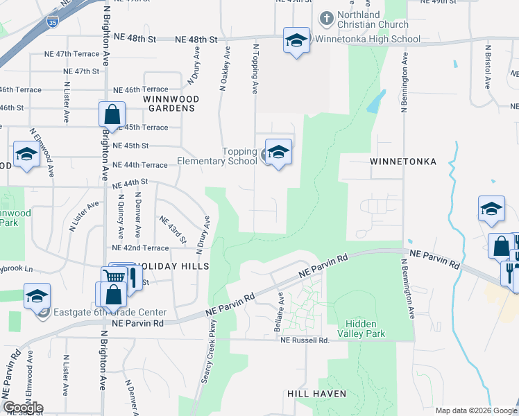 map of restaurants, bars, coffee shops, grocery stores, and more near 4351 North Topping Avenue in Kansas City
