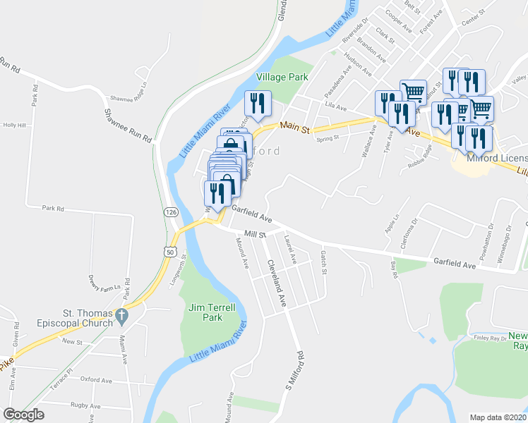 map of restaurants, bars, coffee shops, grocery stores, and more near 437 Garfield Avenue in Milford