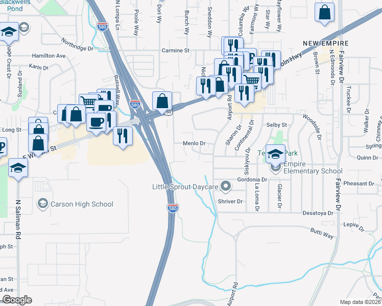 map of restaurants, bars, coffee shops, grocery stores, and more near 1314 South Green Court in Carson City