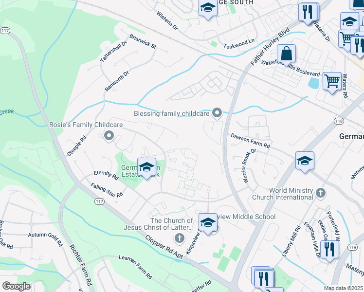 map of restaurants, bars, coffee shops, grocery stores, and more near 19137 Highstream Drive in Germantown