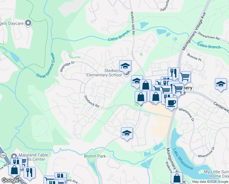 map of restaurants, bars, coffee shops, grocery stores, and more near 19235 Dunbridge Way in Gaithersburg