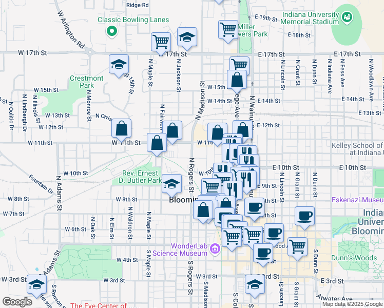 map of restaurants, bars, coffee shops, grocery stores, and more near 640 North Rogers Street in Bloomington