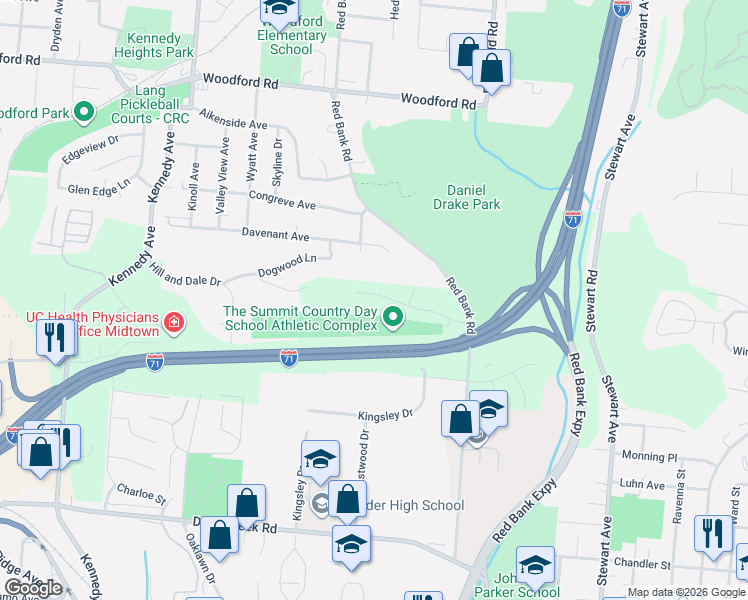 map of restaurants, bars, coffee shops, grocery stores, and more near 5462 Ehrling Road in Cincinnati