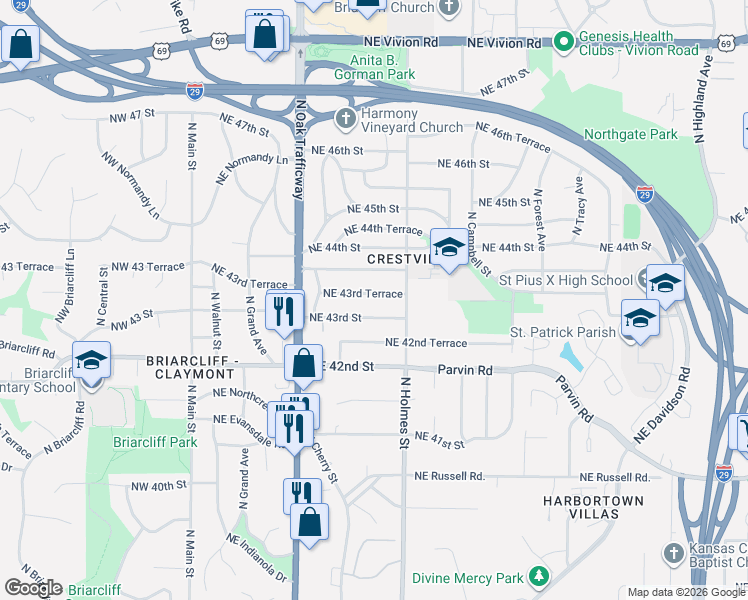 map of restaurants, bars, coffee shops, grocery stores, and more near 617 Northeast 43rd Terrace in Kansas City