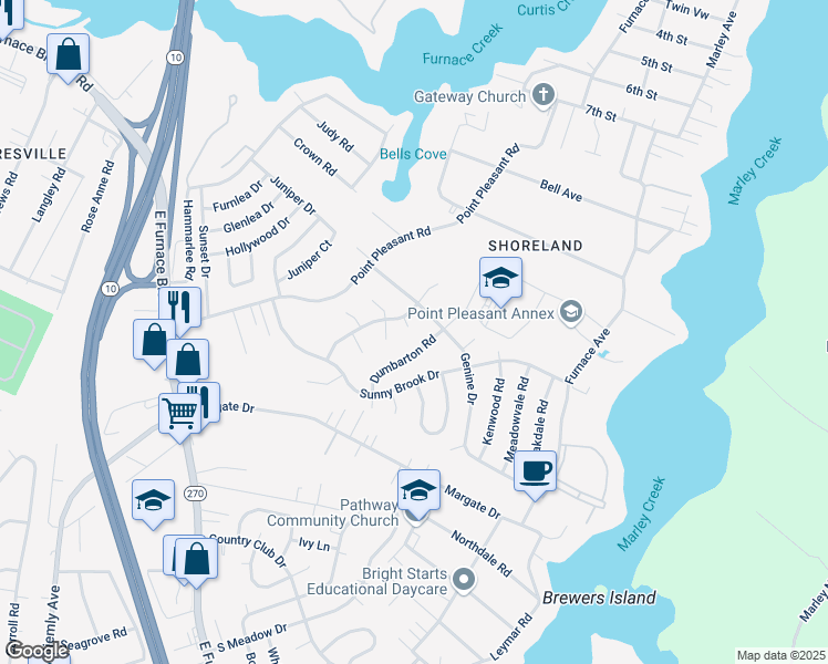map of restaurants, bars, coffee shops, grocery stores, and more near 904 Family Circle in Glen Burnie