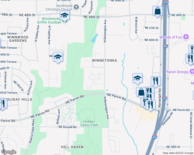 map of restaurants, bars, coffee shops, grocery stores, and more near 6509 Northeast 43rd Terrace in Kansas City