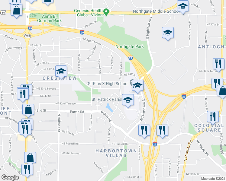 map of restaurants, bars, coffee shops, grocery stores, and more near 1233 Northeast 43rd Street in Kansas City