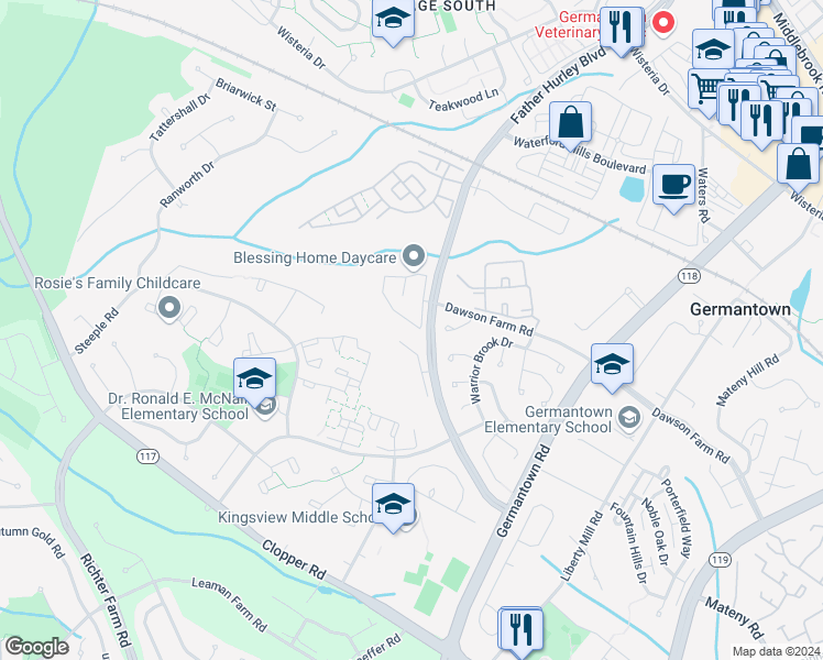 map of restaurants, bars, coffee shops, grocery stores, and more near 13610 Palmetto Circle in Germantown