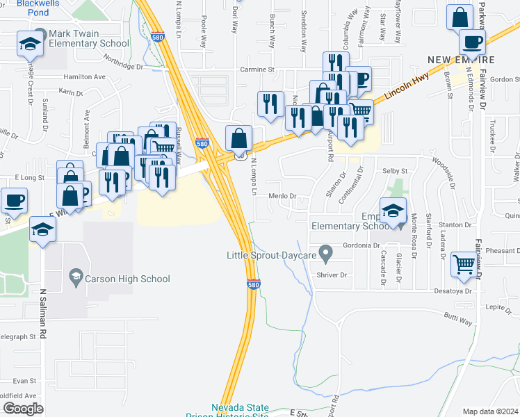 map of restaurants, bars, coffee shops, grocery stores, and more near 1321 North Lompa Lane in Carson City