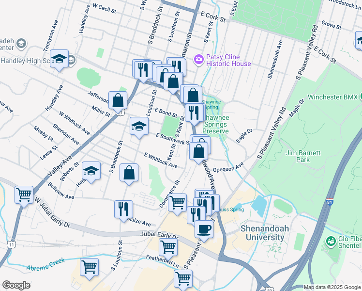 map of restaurants, bars, coffee shops, grocery stores, and more near 217 East Southwerk Street in Winchester