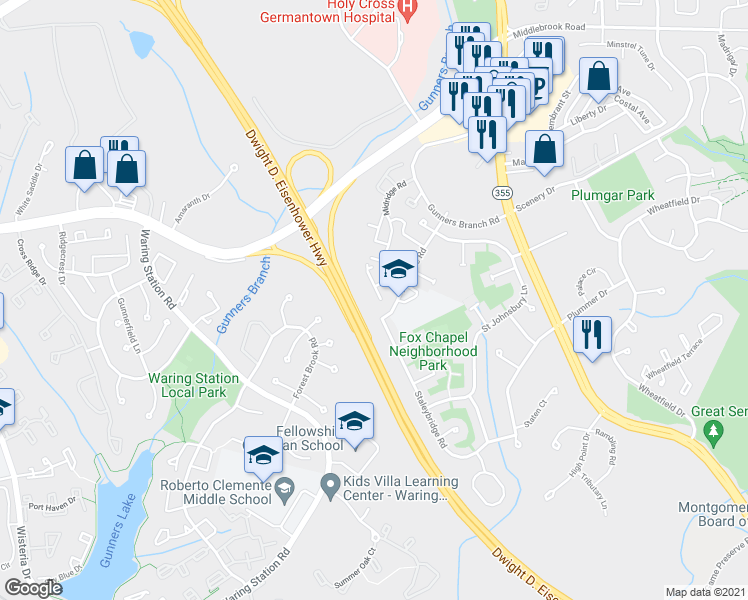 map of restaurants, bars, coffee shops, grocery stores, and more near 19308 Elderberry Terrace in Germantown