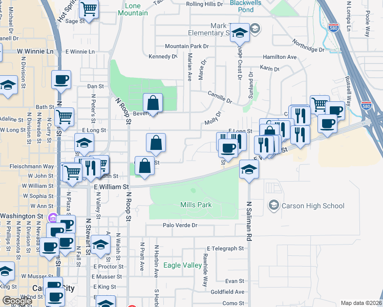map of restaurants, bars, coffee shops, grocery stores, and more near 1361 Molly Drive in Carson City