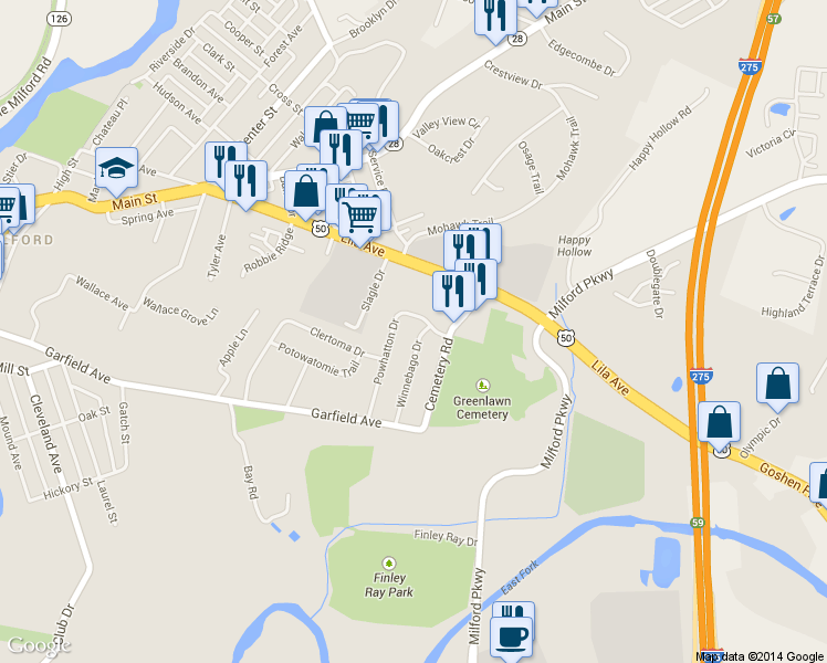 map of restaurants, bars, coffee shops, grocery stores, and more near 37 Winnebago Drive in Milford