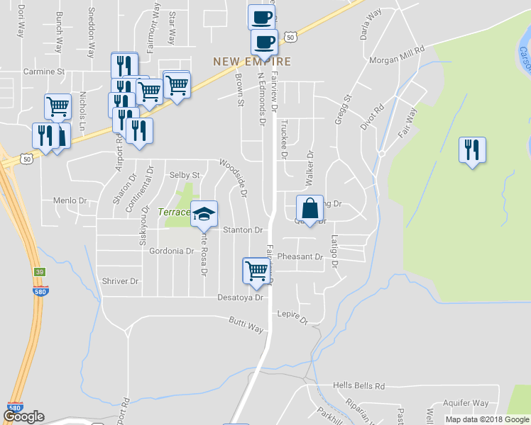 map of restaurants, bars, coffee shops, grocery stores, and more near 1320 North Edmonds Drive in Carson City