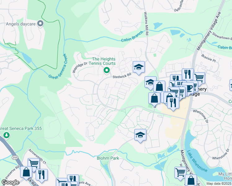 map of restaurants, bars, coffee shops, grocery stores, and more near 19204 Dunbridge Way in Gaithersburg