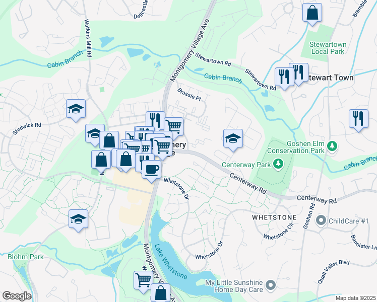 map of restaurants, bars, coffee shops, grocery stores, and more near 10909 Club House Road in Montgomery Village