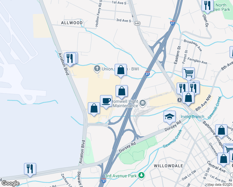 map of restaurants, bars, coffee shops, grocery stores, and more near Cromwell Park Drive in Glen Burnie