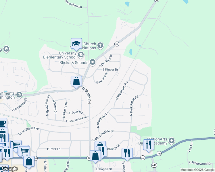 map of restaurants, bars, coffee shops, grocery stores, and more near 4200 East Stephens Drive in Bloomington