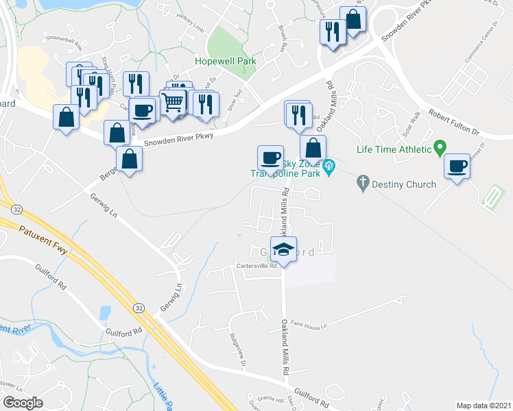map of restaurants, bars, coffee shops, grocery stores, and more near 9209 Wilbur Court in Columbia
