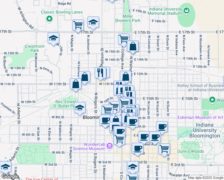 map of restaurants, bars, coffee shops, grocery stores, and more near 627 North Morton Street in Bloomington