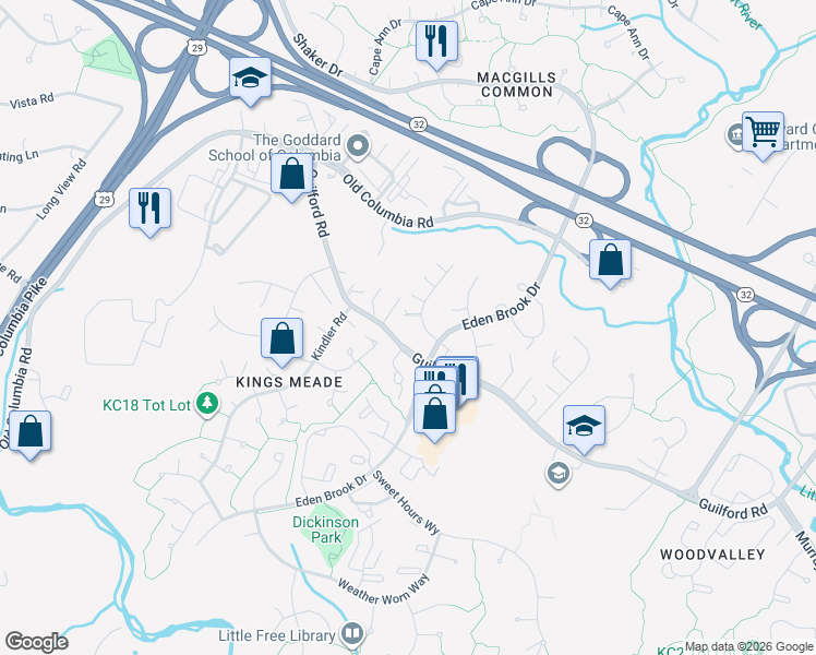 map of restaurants, bars, coffee shops, grocery stores, and more near 8575 Guilford Road in Columbia