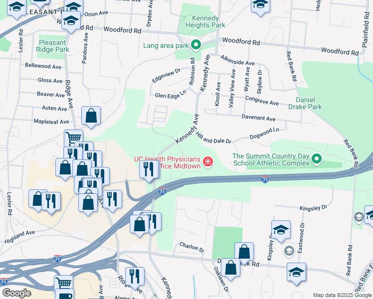 map of restaurants, bars, coffee shops, grocery stores, and more near 3558 Kenoak Lane in Cincinnati