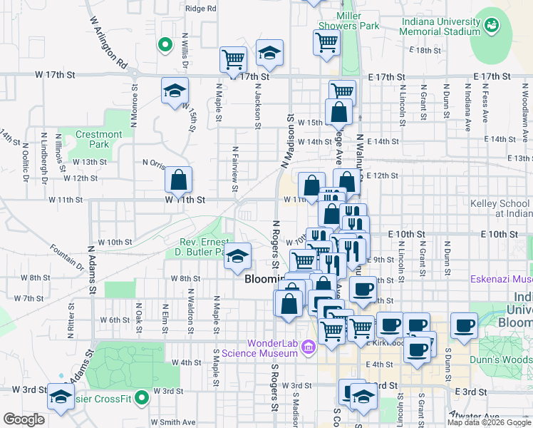 map of restaurants, bars, coffee shops, grocery stores, and more near 611 West 11th Street in Bloomington