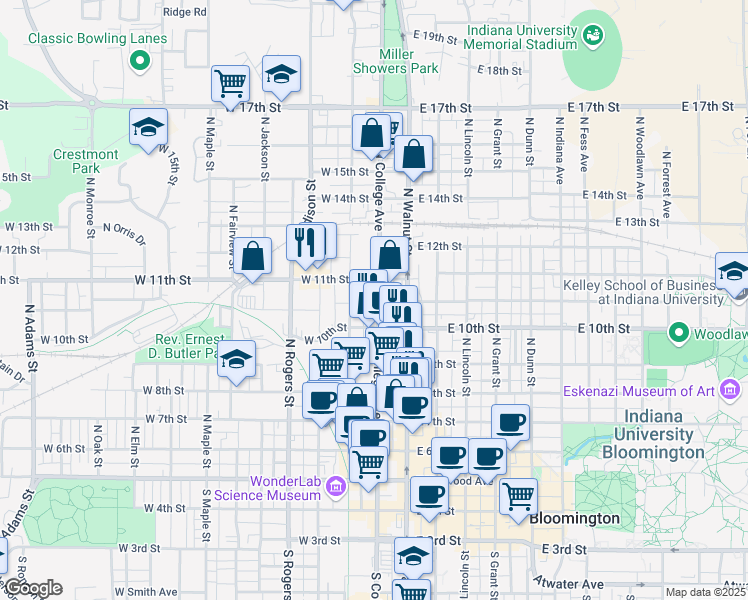 map of restaurants, bars, coffee shops, grocery stores, and more near 629 North College Avenue in Bloomington