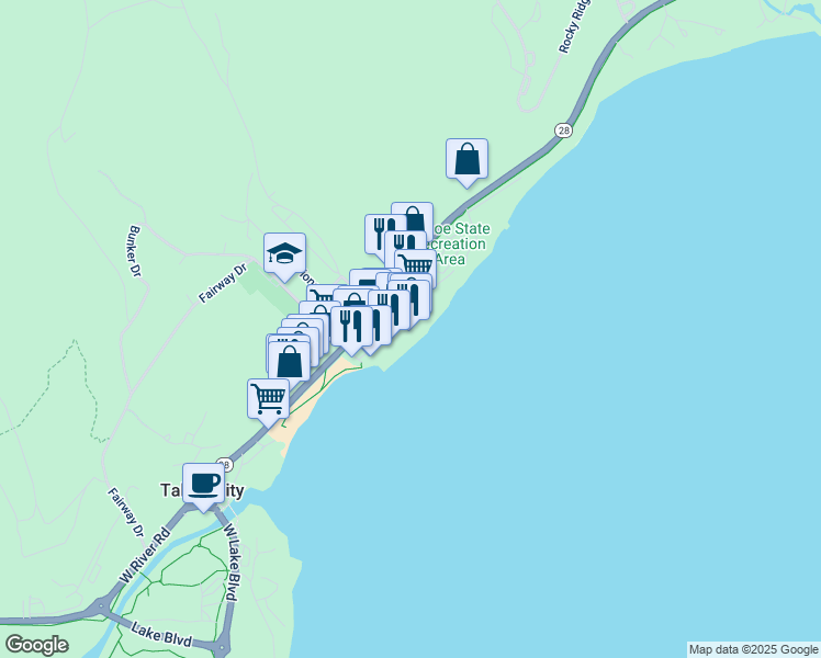 map of restaurants, bars, coffee shops, grocery stores, and more near 760 North Lake Boulevard in Tahoe City