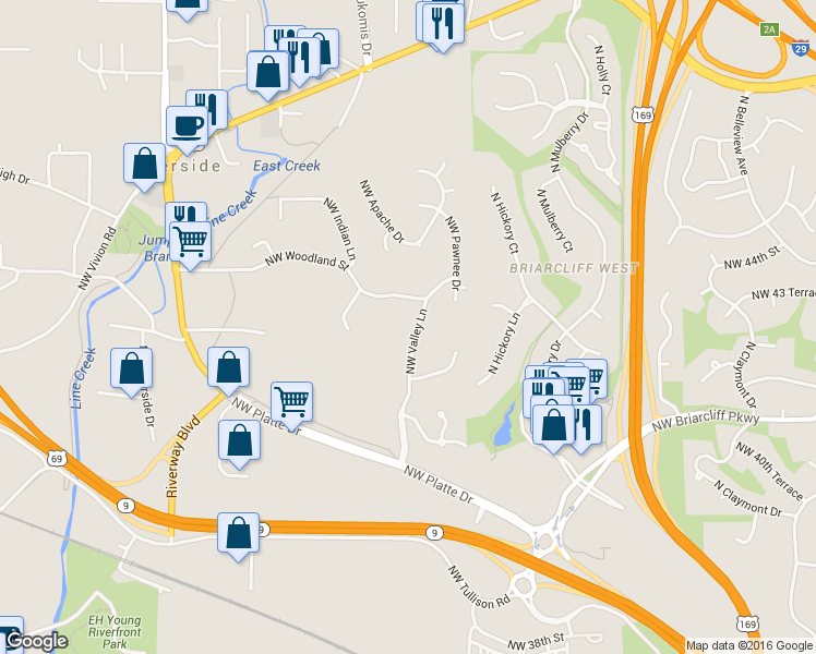 map of restaurants, bars, coffee shops, grocery stores, and more near 918 NW Valley Ln in Riverside