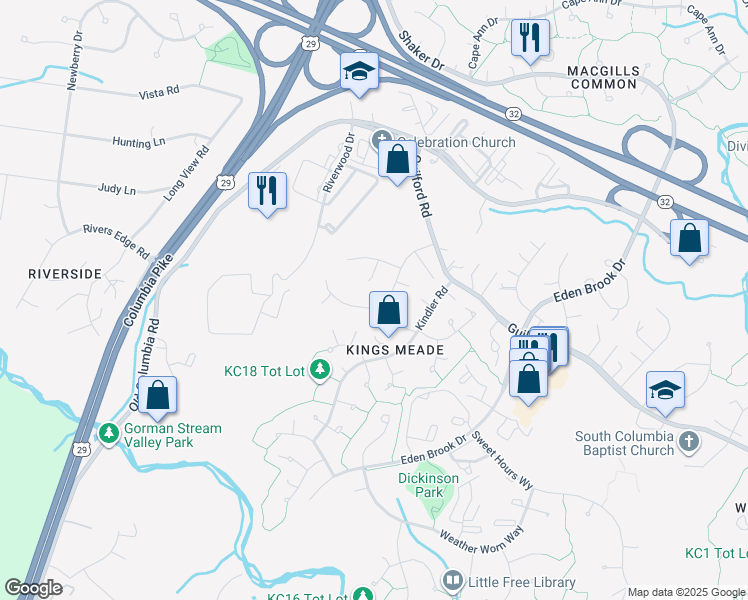 map of restaurants, bars, coffee shops, grocery stores, and more near 8454 King's Meade Way in Columbia