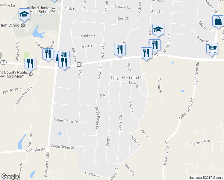 map of restaurants, bars, coffee shops, grocery stores, and more near 5610 Betty Lane in Milford