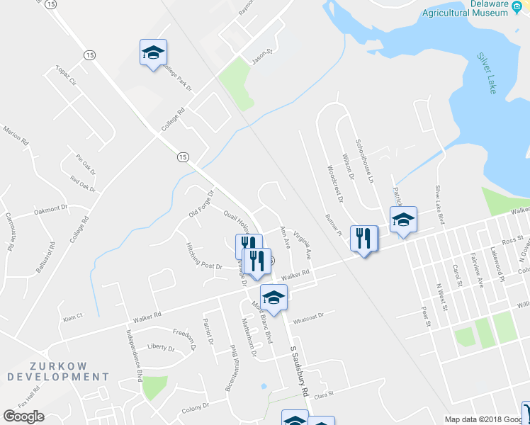 map of restaurants, bars, coffee shops, grocery stores, and more near 127 McKee Road in Dover