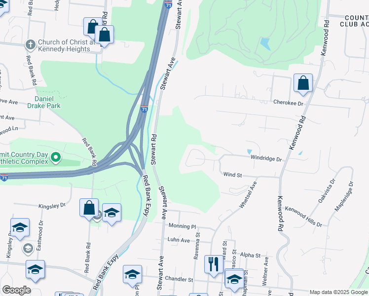 map of restaurants, bars, coffee shops, grocery stores, and more near 5550 Windridge View in Cincinnati