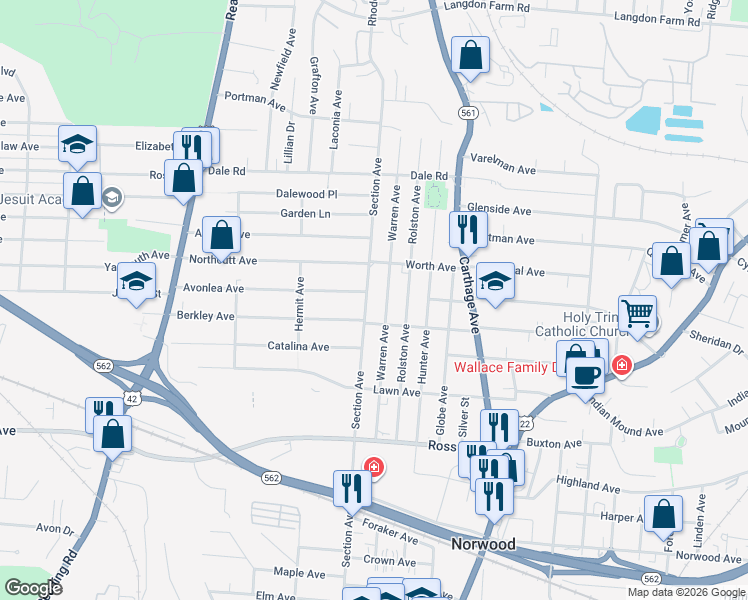map of restaurants, bars, coffee shops, grocery stores, and more near 5318 Section Avenue in Cincinnati