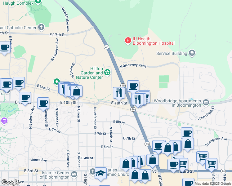 map of restaurants, bars, coffee shops, grocery stores, and more near in Bloomington