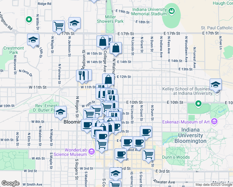 map of restaurants, bars, coffee shops, grocery stores, and more near 620 North Walnut Street in Bloomington