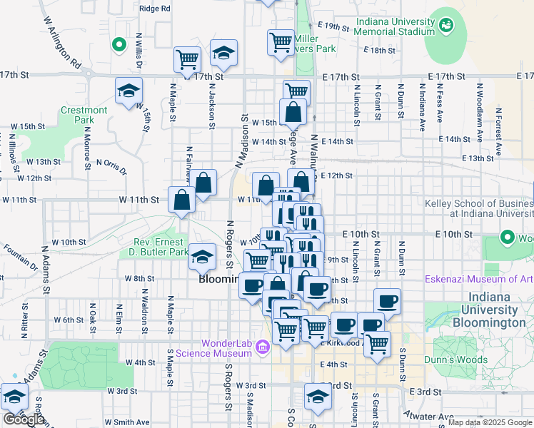 map of restaurants, bars, coffee shops, grocery stores, and more near 627 North Morton Street in Bloomington