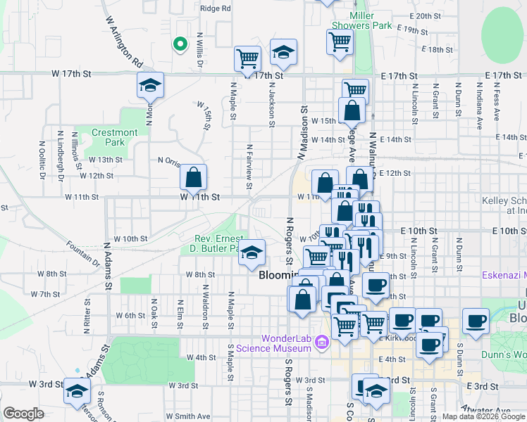 map of restaurants, bars, coffee shops, grocery stores, and more near 611 West 11th Street in Bloomington
